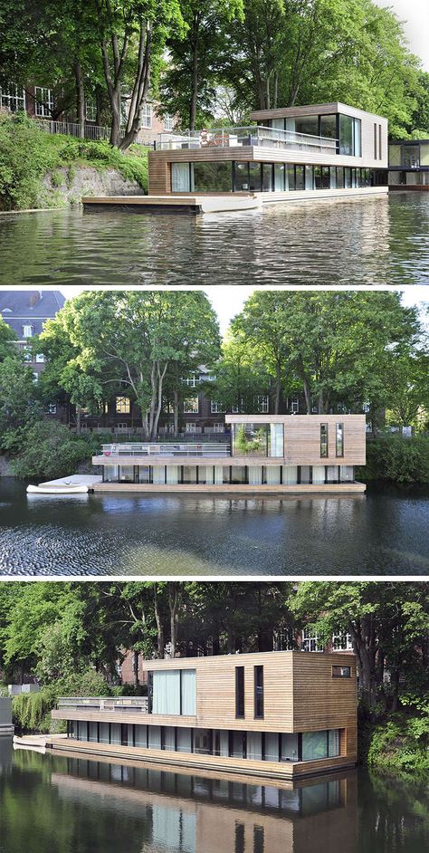 11 Awesome Examples Of Modern Houseboats House Boats, Water House, Building A Container Home, Container Architecture, Floating House, Container House Design, House Architecture Design, Home Fashion, Amazing Architecture