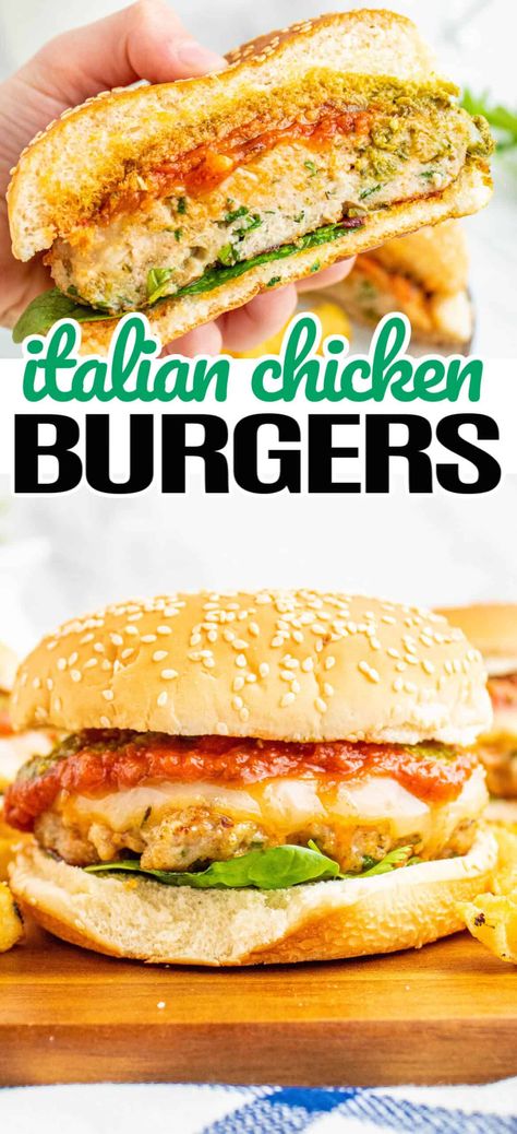 Mouthwatering Italian Chicken Burgers are CRAZY delicious! Your family will flip for this healthy burger recipe any night of the week! #Realhousemoms #italian #chickenburger #healthyburger #burger #summertime #summer #grilling #bbq #maindish #4thofjuly #laborday Ground Chicken Burger Recipes, Chicken Burgers Ground, Best Chicken Burger Recipe, Italian Grilled Chicken, Cheesy Bacon Chicken, Burger Board, Chicken Burger Recipe, Healthy Burger Recipes, Chicken Hamburger