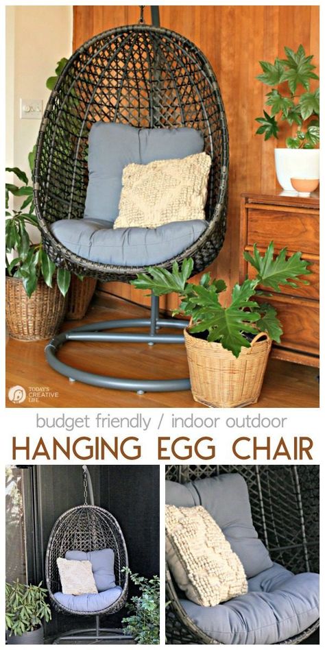 Budget-Friendly Indoor outdoor hanging egg chair | Spring Decorating on a budget | Outdoor Patio decorating ideas | Patio Furniture |  #BHGLivebetter AD TodaysCreativeLife.com Diy Hanging Egg Chair, Diy Egg Chair, Egg Chairs, Hanging Egg Chair, Furniture Ads, Spring Decorating, Farmhouse Porch, Apartment Patio Decor, Diy Outdoor Decor