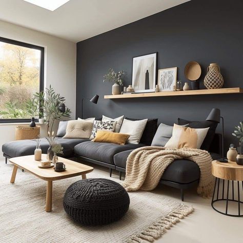 Nordic Living Room Grey Sofa, Living Room Dark Grey Couch, Living Room Design Dark, Beige And Grey Living Room, Dark Grey Couch, Modern Living Room Black, Modern Living Room Colors, Dark Grey Couch Living Room, Sala Cinema