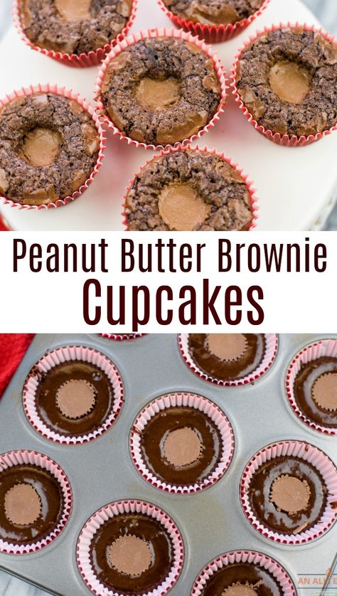 Brownie With Peanut Butter Cups, Pb Cup Brownies, Brownie Cupcakes With Peanut Butter Cups, Peanut Butter Brownie Cupcakes, Brownies Cupcakes Recipes, Reese Peanut Butter Cupcakes, Brownie Peanut Butter Cups, Brownie Mix Cupcakes Recipes, Peanut Butter Stuffed Brownies