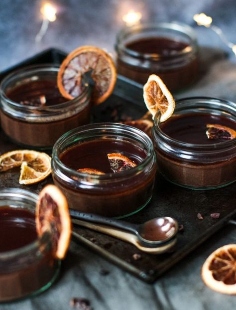 Festive Chocolate Orange Ganache Pots (vegan & gluten free) Chocolate Orange Ganache, Orange Ganache, Seasonal Vegan Recipes, Vegan Gluten Free Desserts, Vegan Cheese Recipes, Chocolate Festival, Ganache Recipe, Healthy Vegan Desserts, Vegan Christmas