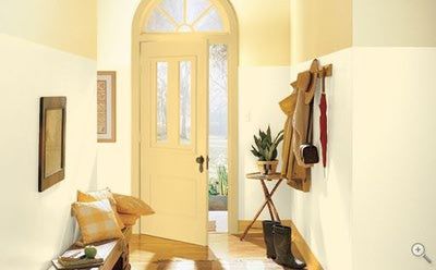 Valspar/Laura Ashley® designer paint colors Pale Cowslip 1, Pale Cowslip 6 and Pale Cowslip 4. Art Deco Home Design, Yellow Hallway, Painting Woodwork, Exterior Paint Combinations, Designer Paint Colors, Yellow Front Doors, House Paint Color Combination, Color Combinations Paint, Exterior House Paint Color Combinations