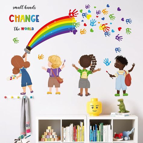 Art room sticker decal. Cute classroom decore. Small Hands Change The World, Library Wall Decor, Kids Room Wall Decals, Library Wall, Room Stickers, Rainbow Wall, School Library, Small Hands, Change The World