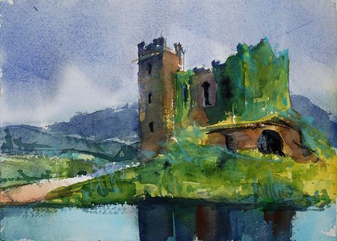 Ireland Landscape Art, Ireland Drawing Ideas, Ireland Watercolor Painting, Irish Landscape Painting, Watercolor Ireland, Traveling Ireland, Irish Paintings, Ireland Painting, Amish Sheds