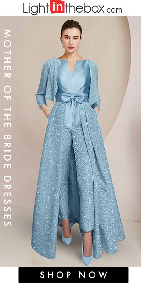 Jumpsuit / Pantsuit 3 Piece Mother of the Bride Dress Formal Sparkle & Shine Elegant Scoop Neck Ankle Length Sequined 3/4 Length Sleeve Wrap Included with Bow(s) Ruched 2023 Dress Formal Elegant, Bride Pantsuit, Dress Formal Wedding Guest, Brides Mom, Formal Wedding Guests, Two Piece Jumpsuit, Mob Dresses, Vintage Party, Mother Of The Bride Dress