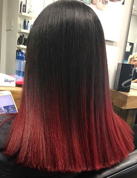 Hair Tip Dye Ideas, Red Ombre On Black Hair, Brown Into Red Ombre, Brown Hair With Red Tips Dip Dye, Red Tips On Brown Hair, Ombre Hair Color Red, Red Ombre Hair Color For Brunettes, Hair Ombre Ideas, Red Hair Ends