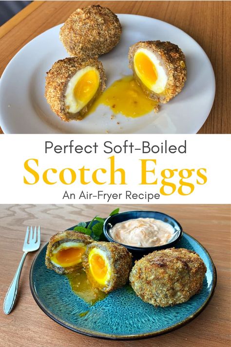 Scotch Eggs - crisp, savory sausage encasing creamy soft-boiled eggs - are quintessential British pub faire; perfect for brunching, munching, and picnicking. Now you can easily make perfect Scotch Eggs at home in your Air-fryer! No mess, no fuss - just delicious protein-rich perfection! #eggs #eggrecipes #brunch #brunchrecipes #pubfood #picnicfood #airfryer #airfryerrecipe Scotch Eggs Air Fryer, Air Fryer Scotch Eggs, Eggs Air Fryer, Scotch Eggs Recipe, Scotch Egg, New Air Fryer Recipes, Air Fryer Recipe, Ninja Recipes, Scotch Eggs