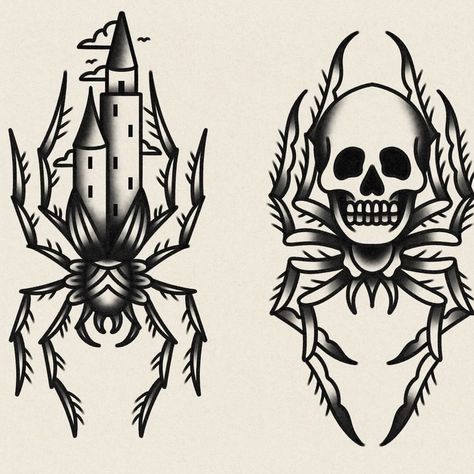 Skull Spider Tattoo Traditional, American Traditional Sketch, Traditional Insect Tattoo Black, Spider With Skull Tattoo, Traditional Sea Creature Tattoo, Trad Spider Tattoo, American Traditional Gothic Tattoos, American Traditional Clown Tattoo, Black And Grey Japanese Tattoo