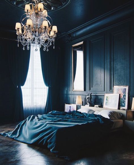 Dark Blue Bed, Linen Sheers, Bed In Bedroom, Dark Bedroom Aesthetic, Blue Bedroom Ideas, Lake House Bedroom, Dark Blue Bedrooms, Blue Bed, Loft Interior