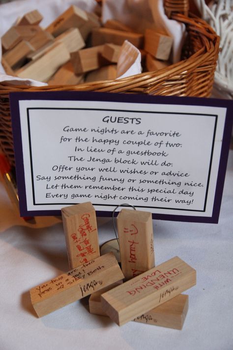 Jenga Wedding Guest Book- could be really fun if we go with lawn games during the reception Jenga Wedding Guest Book, Jenga Wedding, Book Funny, Wedding Favors Cheap, What To Write, Wedding Guest Looks, Wedding Games, Guest Book Alternatives, Bridal Shower Games