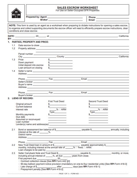 This form is used by an agent as a worksheet when preparing to dictate instructions for opening a sales escrow, to organize and collect supporting documents the escrow officer will need to efficiently prepare escrow instructions, clear conditions and close escrow. Escrow Officer, Fillable Forms, A Worksheet, Online Form