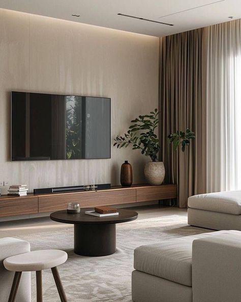 Tv Wall With Pictures, Neutral Living Room Tv Wall, High Ceiling Living Room Tv Wall, Living Room With Tv Decor, Living Room With Tv On Wall, Living Con Tv, Minimalism Interior Living Room, Tv Wall Paint Ideas, Modern Front Room