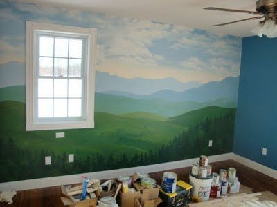 mountain mural Mural Design Ideas, Tree Mural Kids, Simple Playroom, Playroom Mural, Mountain Mural, Kids Room Murals, Tree Mural, Murals For Kids, Mural Ideas