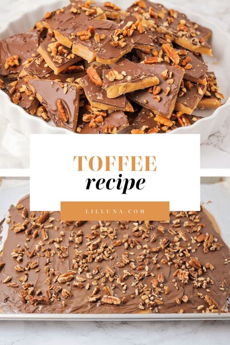 This classic toffee recipe is the perfect homemade treat. With crunchy pecans and chocolate, it's simply delicious! #toffee #homemadetoffee #toffeerecipe #homemadecandy #candy Candied Recipes, Homemade Toffee Recipe, 2023 Cookies, 2023 Thanksgiving, Christmas Trays, Food Bites, Adele Weight, Homemade Toffee, Lil Luna