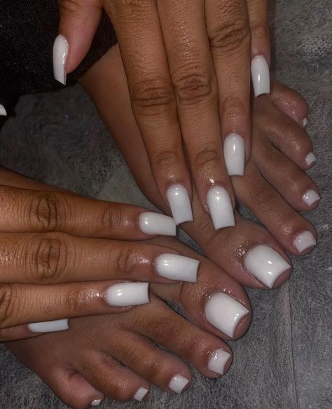 Milky White Gel Pedicure, Clear White Gel Nails, Milky White Mani Pedi, Milky White Nails And Toes, Fully White Nails, White Nails And Toes Matching, White Nails On Black Women, White Arclyc Nails, White Nails Black Women