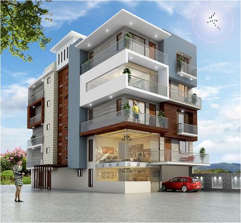 Triplex Exterior Design, Corner Elevation, Ground Floor Elevation, Building Front Designs, Building Design Plan, Apartments Exterior, House Outer Design, Facade Architecture Design, Exterior Rendering