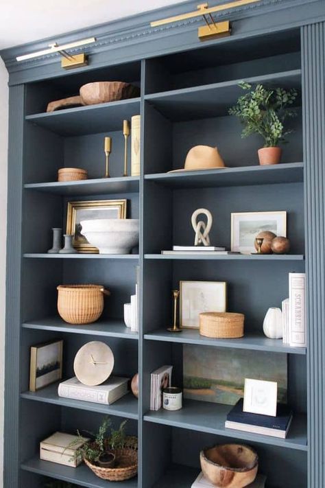 20 Transitional Shelf Styling Ideas » Lady Decluttered Transitional Shelf Decor, Built In Shelves Bedroom Decor, Bookshelves Painting Ideas, Large Shelf Decorating Ideas, How To Decorate Shelves In Living Room, Shelving For Closets, Pastel Blue Living Room, Top Of Bookshelf Decor, Blue Shelf Decor