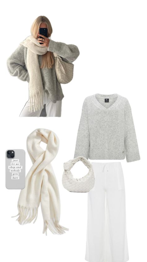 Embrace a cozy yet elegant winter outfit! Pair an oversized grey knit sweater with flowy white trousers for a casual but sophisticated vibe. Add a soft cream scarf and a woven bag to elevate the look with a touch of style. Perfect for minimalists who love staying trendy and warm. Check out my board for more inspiration on how to recreate this look. GIRL CRUSH.  Kekegc10~ 10% off 🫶🏼 Cream Scarf Outfit, Cream Scarf, Scarf Outfit, White Trousers, Chic Blouses, Grey Knit Sweater, Winter Fits, Professional Fashion, Woven Bag