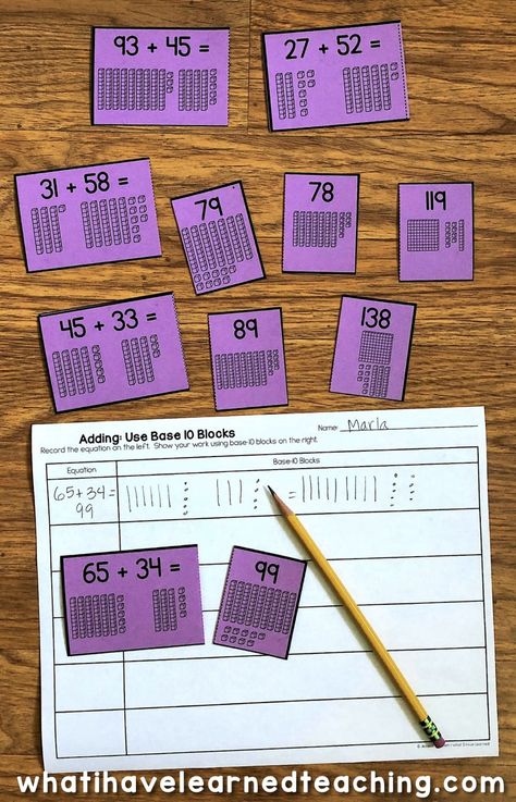 These Two-Digit Addition Math Stations help students use models and addition strategies such as a number line, breaking apart the addends, and base-10 blocks. They are easy to print, laminate, and cut apart and last year after year. Addition With Base Ten Blocks, Adding 2 Digit Numbers Activities, Adding 3 2 Digit Numbers, Year 2 Addition, Base 10 Activities, 2 Digit Addition Strategies, Two Digit Addition Games, 2 Digit Addition And Subtraction Games, 2 Digit Addition Games