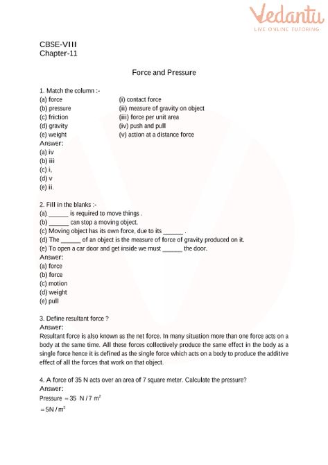 CBSE Class 8 Science Force and Pressure Worksheets with Answers - Chapter 11 Force And Pressure Class 8, Force And Pressure, Ncert Books, Work Sheet, Math Work, Register Online, Class 8, Pushes And Pulls, Science Worksheets