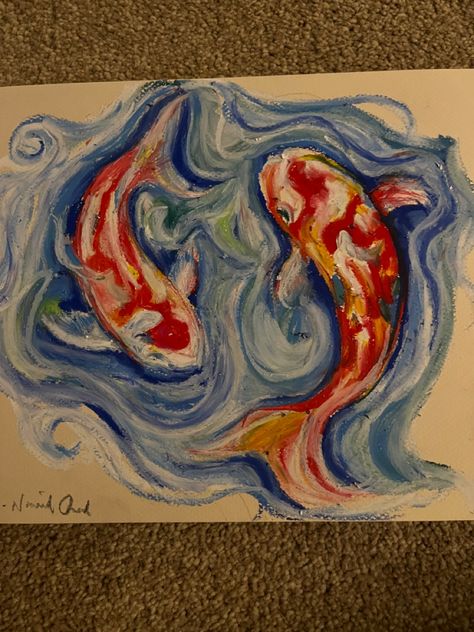 Cool Pastel Art, Art Reference Simple, Koi Fish Oil Pastel, Pretty Things To Paint, Oil Pastel Inspiration, Oil Pastel Art Tutorials, Fish Oil Pastel, Aura Drawings, Simple Oil Pastel Art