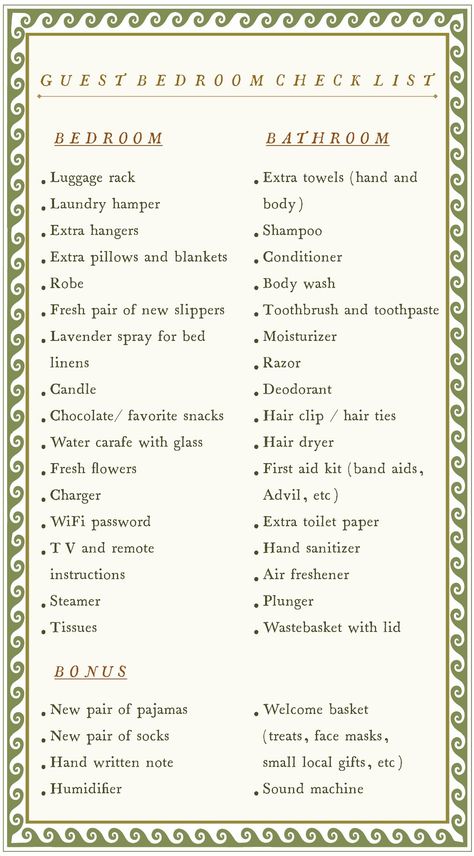 Guest bedroom checklist Things To Put In Guest Bedroom, Guest Room Organization Ideas, Guest Bedroom Checklist, Bedroom Checklist Decor, Bedroom Decor Checklist, Hosting House Guests, Guest Room Essentials List, New Bedroom Checklist, Minimalist Bedroom Checklist