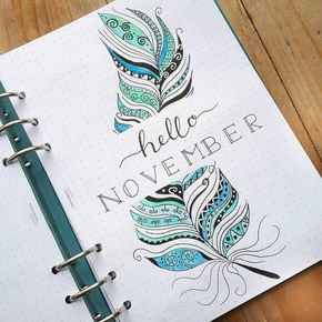 Feathery cover page from @seras.bullet.journal This feathery theme is beautiful and intricate, but as you can see would be very fun and easy to replicate in any month of your bullet journal. Boulet Journal, Bullet Journal Month, Bullet Journal Cover, Feather Drawing, Bullet Journal 2019, Bullet Journal Cover Page, Hello November, Art Journal Cover, Bullet Journal Mood