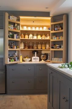 Trailer Renovation, Traditional Kitchen Cabinets, Small Farmhouse Kitchen, Cupboard Lights, Larder Cupboard, Kitchen Pantry Design, New Kitchen Cabinets, Reading Nooks, Rustic Kitchen Decor