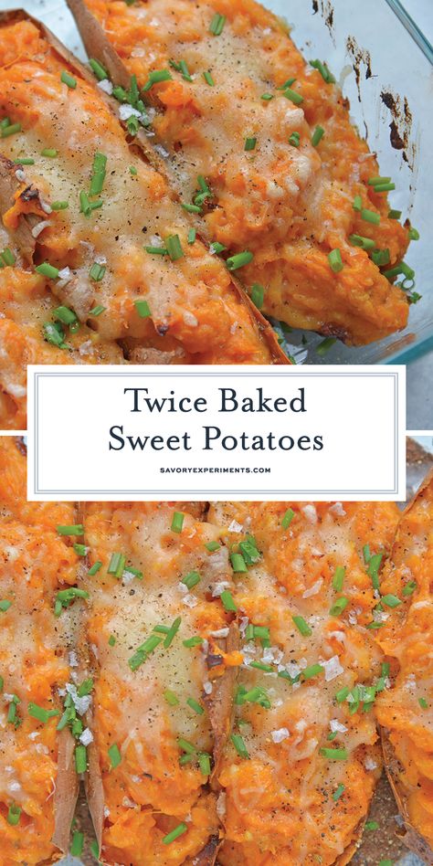 Twice Baked Sweet Potatoes take the deliciousness of whipped sweet potatoes and put them into their own little, serveable boats. #twicebakedpotatoes #sweetpotatoes www.savoryexperiments.com Savory Sweet Potato Recipes, Whipped Sweet Potatoes, Sweet Potato Dishes, Sweet Potato Recipes Baked, Twice Baked Sweet Potatoes, Beans Recipes, Dinner Party Dishes, Baked Sweet Potatoes, Pasta Side Dishes