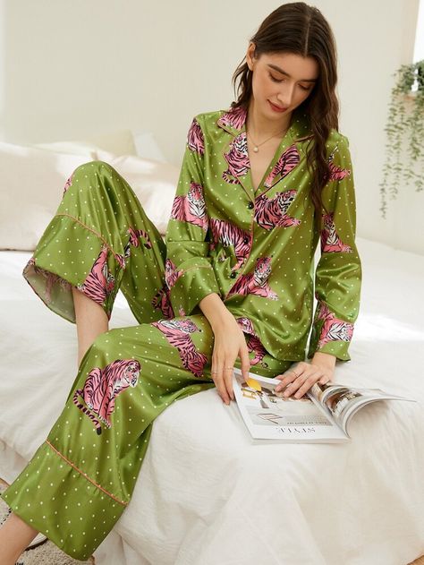 Free Returns ✓ Free Shipping On Orders $49+ ✓. Polka Dot & Tiger Print Contrast Piping Satin PJ Set- Women Pajama Sets at SHEIN. Night Sleep Dress, Satin Pj Set, Polka Dot Pants, Pant Sets, Contrast Piping, Pajama Set Women, Tiger Print, Pajama Sets, Poses For Pictures