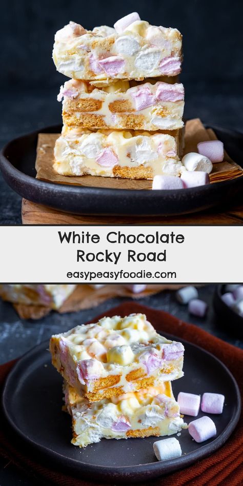 Love white chocolate? Need a super simple, 3 ingredient, no bake treat that takes less than 10 minutes to make? Then you have to try this easy peasy White Chocolate Rocky Road recipe! #rockyroad #whiterockyroad #whitechocolaterockyroad #easyrockyroad #3ingredientrockyroad #10minuterecipe #whitechocolate #whitechocolaterecipes #milkybar #nobake #nobakedessert #whitechocolatedessert #easyentertaining #easybaking #easyrecipes #easydessert #easysnack #bakesale #easybakesalerecipe #easypeasyfoodie White Rocky Road Recipe, Rocky Road White Chocolate, White Rocky Road, Easy Rocky Road Recipe, White Chocolate Rocky Road, White Chocolate Desserts, Rocky Road Recipe, Ale Recipe, White Chocolate Recipes