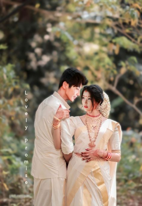 Finally Wang so And Hae so are together in Kerala wedding style Couple Poses Photography Indian, Kerala Wedding Couple, Wedding Couple Poses Photography Indian, Hindu Wedding Photos, Kerala Kasavu Saree, Saree Kerala, Marriage Photoshoot, Marriage Poses, Pre Wedding Photoshoot Props