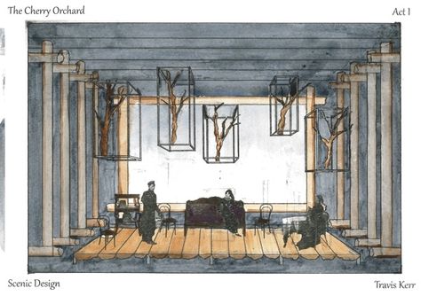 Actually a set design for Chekhov's The Cherry Orchard. Scenic Design Sketch, The Cherry Orchard, Scenic Design Theatres, Cherry Orchard, Set Design Theatre, Stage Set Design, Interior Sketch, Theatre Design, Theatre Set