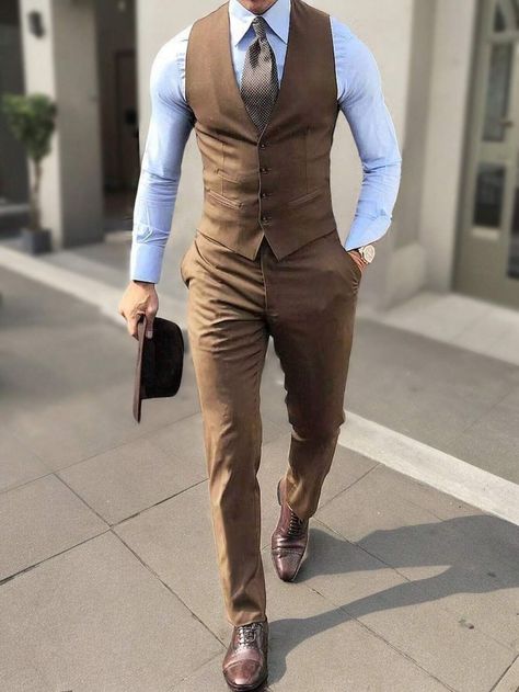 Manfinity Mode Men Button Up Waistcoat And Suit Pants (Without Blazer And Shirt)I discovered amazing products on SHEIN.com, come check them out! Men Vest, Man Fashion, Blazer Vest, Kids Outerwear, Suit Pants, Suit Separates, Mens Vest, Suit Set, Clothing Ideas