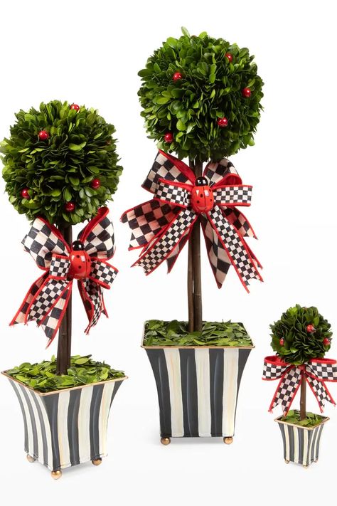 Tin Pots, Outdoors Indoors, Preserved Boxwood, Courtly Check, Boxwood Topiary, Navidad Diy, Mackenzie Childs, The Outdoors, Handmade Natural