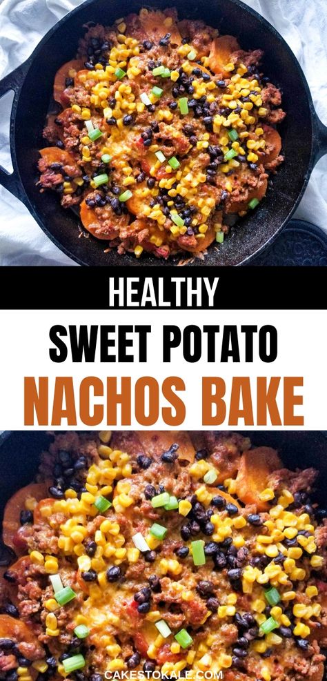 Nacho Bake, Banana Oatmeal Muffins Healthy, Baked Nachos, Nacho Toppings, Easy Nachos, Potato Nachos, Healthy Sweet Potato, Sweet Potato Nachos, Easy Family Dinner