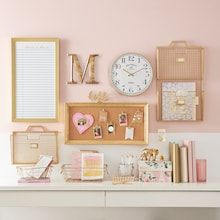 Pink Office Aesthetic, Pink And Gold Office, Pink Office Decor, Work Cubicle, Cute Office Decor, Spring Wall Decor, Note Board, Wall File, Work Office Decor