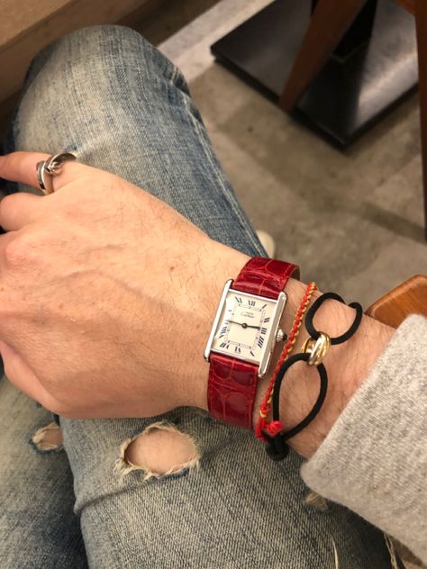 Trinity Bracelet, Chill Style, Tank Watch, Red Watch, Retro Watches, Cartier Tank, Classy Jewelry, Jewelry Lookbook, Well Dressed Men