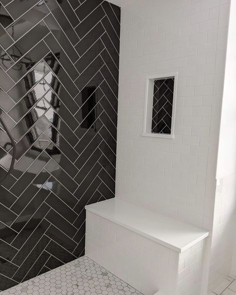 Charcoal And White Bathroom, Black And White Bathroom Tile Ideas, Black Shower Tile Ideas, Dark Grey Shower Tile, Black Herringbone Shower Tile, White Tub Black Tile, Crazy Bathroom Ideas, Black Chevron Tile Bathroom, Wayne’s Coating In Bathroom