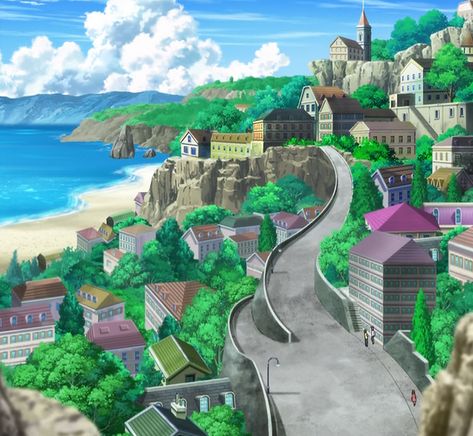 Pokemon Buildings, Anime City Art, Pokemon Shifting, Sinnoh Pokemon, Pokemon Towns, Pokemon City, Pokemon Locations, Kalos Region, Kid Oc