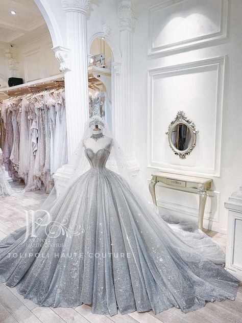 Ice Princess Prom Dress, Blue Fairytale Wedding Dress, Royal Ball Gown Aesthetic, Fantasy Gowns Queens Fairytale, Royal Dresses Fantasy, Princess Dress Fairytale Royal, Princess Gown Royalty, Grey Ball Gown, Silver Quinceanera Dresses