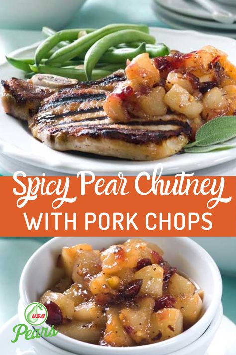 Pear Chutney Recipe, Brined Pork Chops, Pear Sauce, Pork Sauce, Glazed Pork Chops, Cranberry Chutney, Meat Recipe, Grilled Pork Chops, Chutney Recipe