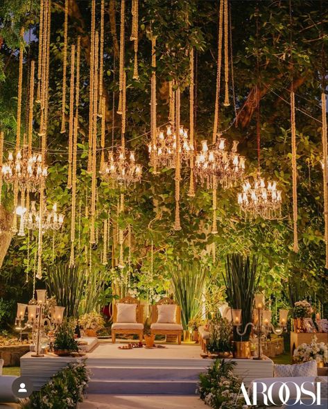 Terrace Mandap Decor, Tree Mandap Decor, Evening Mandap Decor, Backyard Indian Engagement Party, Sangeet Backdrop Ideas, Wedding Mandap Decoration Outdoor, Engagement Decorations Indian Outdoor, Forest Indian Wedding, Outdoor Wedding Decorations Indian Night