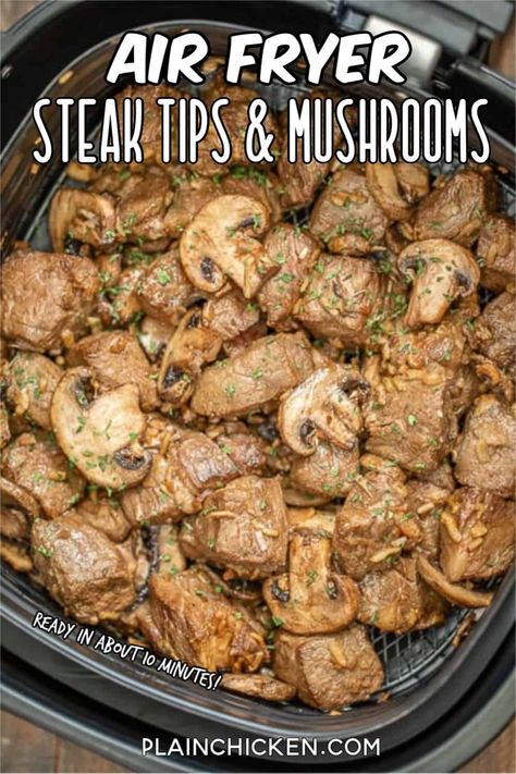 Air Fryer Steak Tips & Mushrooms - our favorite steak dinner! Only 5 ingredients and ready to eat in 10 minutes. Ribeye steak, sliced mushrooms, onion soup mix, olive oil, and Worcestershire sauce. Toss everything together and cook in the air fryer. Serve with some potatoes and asparagus. Easy enough for a weeknight but fancy enough for a dinner party! #airfryer #steak #mushrooms #steakdinner Steak Tips And Mushrooms, Air Fryer Steak Tips, Airfryer Steak, Steak Mushrooms, Cooking French Fries, Air Fryer Steak, Steak Tips, Steak And Mushrooms, Air Fryer Oven Recipes