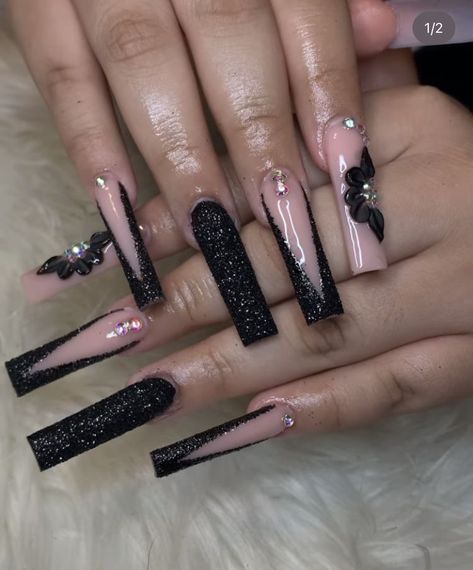 Black Prom Nails, Shorties Nails, Black Acrylic Nail Designs, Hoco Nails, Black Acrylic Nails, Long Acrylic Nail Designs, Colored Acrylic Nails, Glow Nails, Work Nails