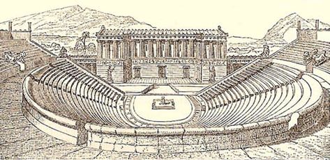 This is a picture of an Ancient Greek theater that was constructed during the classical period which was a time of great cultural creation- the arts, such as theater, were introduced into their lives and has continued up until today. Ancient Greece Theatre, Greek Amphitheater, Medieval Theatre, Roman Amphitheatre, Ancient Theater, Greek Plays, Ancient Greek Theatre, Greek Theater, Greek Theatre