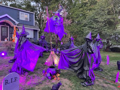 Witches Lair Halloween Diy, Diy Witch Garden Decor, Home Depot Witch, Witch Themed Haunted House, Flying Witch Halloween Decorations, Witch Theme Front Yard, Flying Witch Decoration, Witch Halloween Porch Decor, Witch Themed Outdoor Halloween Decorations