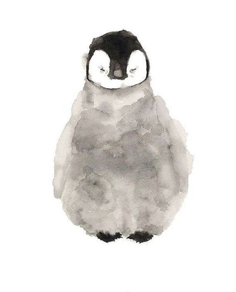 Penguin Watercolor, Ink Drawing, Watercolor Print, White, Art