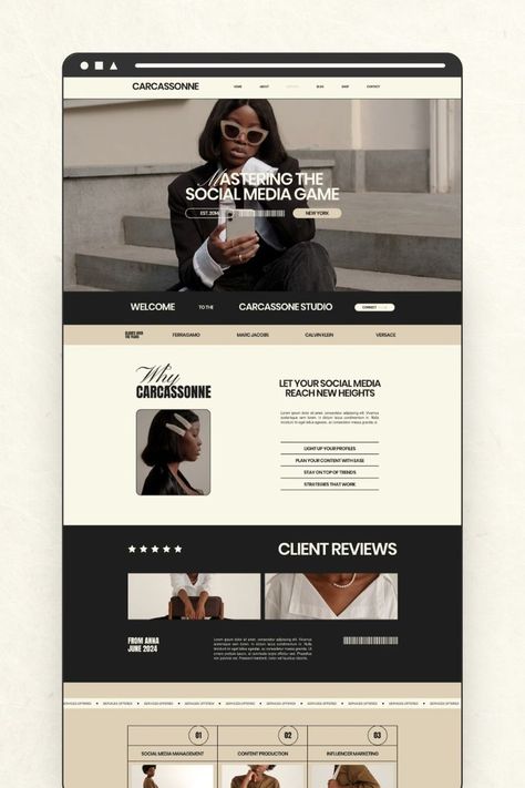 #affiliate Modern Wix Website Template for Social Media Managers, Creative Entrepreneurs, Coach, Influencer in 2024 Virtual Assistant Website Design, Monochrome Website Design, Website Design Layout Templates, Edgy Website Design, Beige Branding, Editorial Website Design, Social Media Manager Website, Editorial Website, Black Website